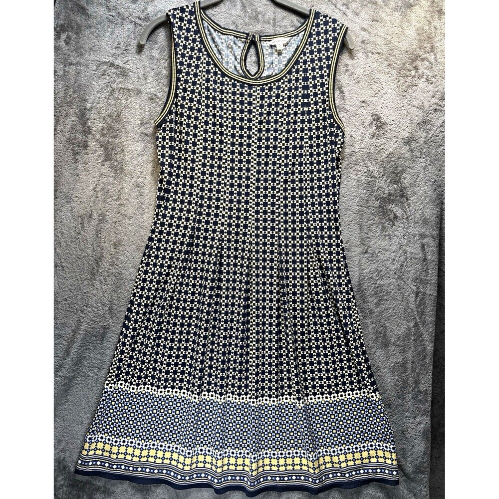 Max Studio Blue White Yellow Geometric A-Line Sleeveless Round Neck Dress S